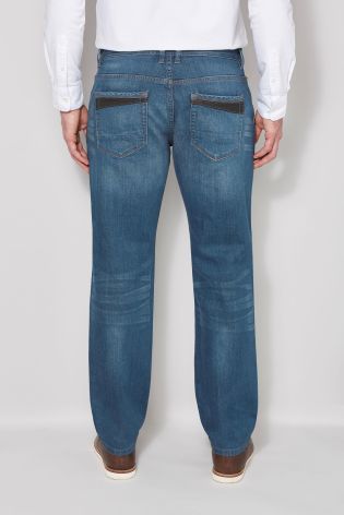 Teal Straight Fit Jeans With Leather Trim